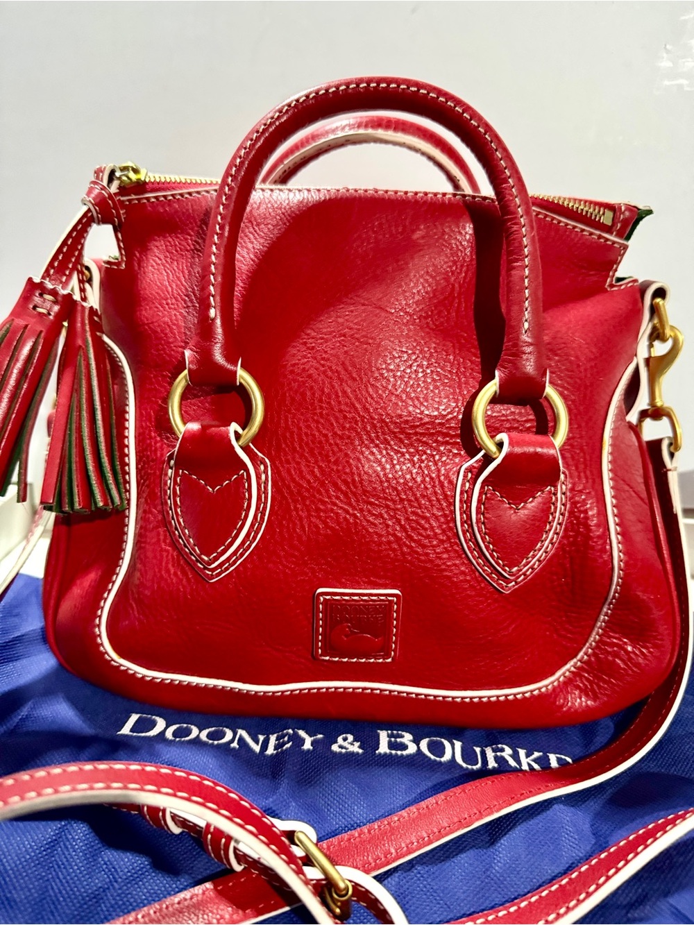 Dooney & Bourke Red Leather Satchel  Tassel Crossbody Strap Florentine Savannah - Picture 2 of 16